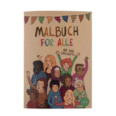Das "Malbuch für alle" von Hautfarben zeigt vielfältige Kinder mit unterschiedlichen Hauttönen, Frisuren und Fähigkeiten, die unter bunten Wimpeln lächeln und winken. Der Umschlagtext lautet "Wir sind einzigartig.