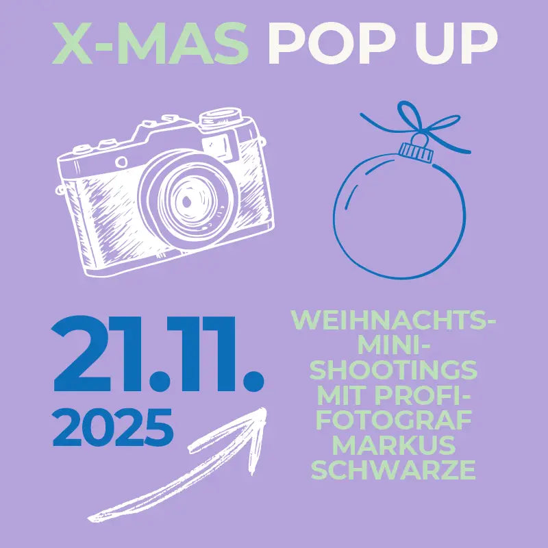 Illustrierte Kamera und Ornament auf lila Hintergrund mit Text: 21.11.2025 // X-Mas-Fotoshooting von Tüdelband Winsen, Weihnachts-Mini-Shootings mit Profi-Fotograf Markus Schwarze, digitale Galerie, weißer Pfeil zum Datum.
