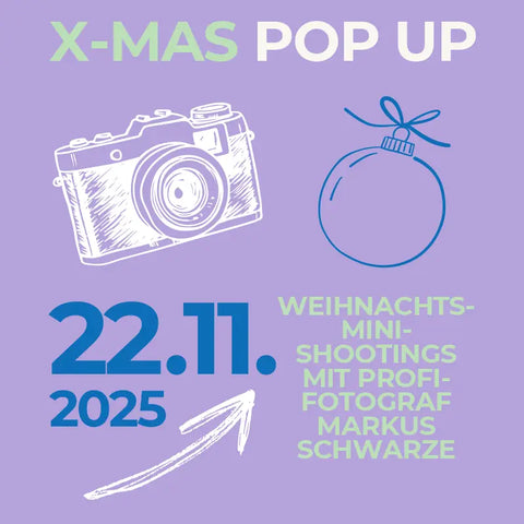 Veranstaltungsflyer für Tüdelband Winsen: 22.11.2025 // X-Mas-Fotoshooting mit Kamera und Weihnachtsschmuck-Illustration, mit Weihnachts-Mini-Shootings und Familienfotos Weihnachten mit Profi-Fotograf Markus Schwarze auf lila Hintergrund.