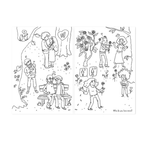 Eine schwarz-weiße Illustration zeigt verschiedene Paare und Einzelpersonen, die sich lieben - sie umarmen sich, halten sich an den Händen, teilen Blumen - und heben die Vielfalt der Kinder im "Malbuch für alle" von Hautfarben hervor. Am unteren Rand: Wen liebst du am meisten?.