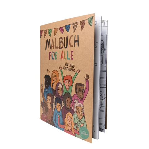 Auf dem Cover des "Malbuchs für alle" von Hautfarben stehen und winken vielfältige Kinder unter bunten Fahnen. Dieses Ausmalbuch Diversity feiert Vielfalt Kinder mit schwarz-weißen Seiten im Inneren zum Ausmalen.