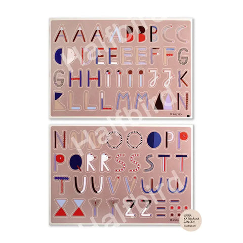 Zwei bunte Schaubilder auf rosa Hintergrund zeigen stilisierte kyrillische Großbuchstaben mit einzigartigen Mustern - ideal als Stickerbogen - ABC (2 Bögen) von Halfbird für kreative Projekte oder als Buchstaben Aufkleber.