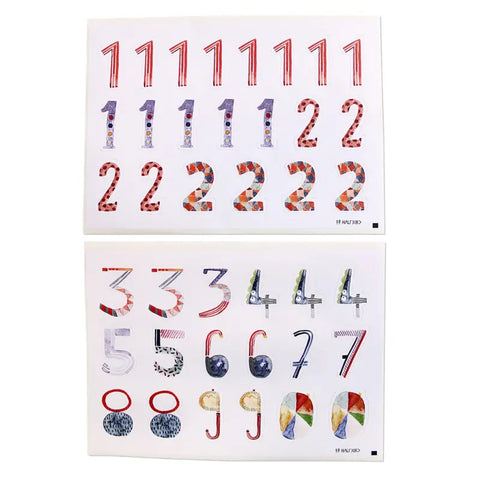 Der Halfbird Stickerbogen - Zahlen (2 Bögen) zeigt die Zahlen 1-9 in lebendigen Mustern auf Weiß, ideal als Adventskalender Aufkleber oder Zahlen Sticker, und nachhaltig gedruckt auf umweltfreundlichem Recyclingpapier.