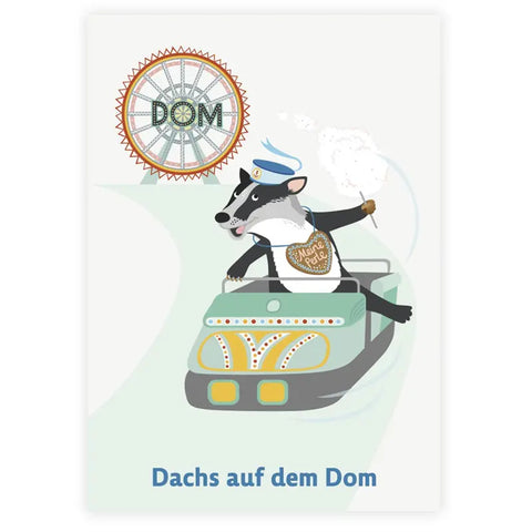 Ein Cartoon-Dachs mit blauem Hut und Lebkuchenherz fährt auf einem Autoscooter auf dem Jahrmarkt, dahinter das Riesenrad mit der Aufschrift DOM. Aus "Hamburg-ABC" von Karin Lindeskov Andersen, Junius Verlag. Bildunterschrift: Dachs auf dem Dom.
