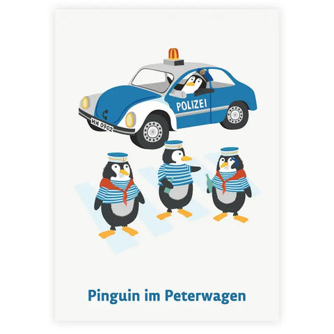 Eine Seite aus "Hamburg-ABC" von Karin Lindeskov Andersen (Junius Verlag) zeigt ein Polizeiauto, das von einem Pinguin gesteuert wird, und drei weitere Pinguine mit Matrosenmützen und gestreiften Hemden, die die Straße überqueren, mit dem Titel "Pinguin im Peterwagen".