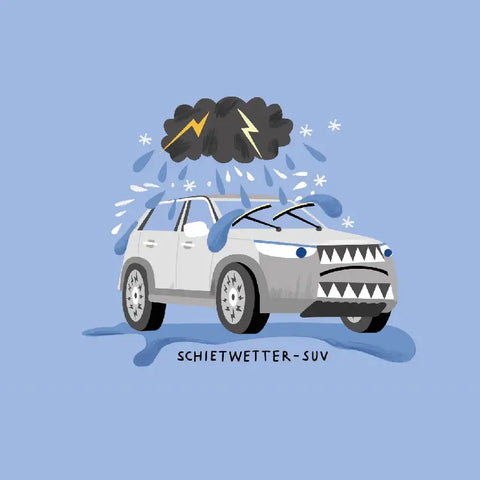 Ein Cartoon-SUV mit scharfen Zähnen und wütenden Augenbrauenwischern sitzt unter einem stürmischen Himmel, perfekt für "Hamburg auf Rädern" von Karin Lindeskov Andersen (Junius Verlag). Bildunterschrift: SCHIETWETTER-SUV.