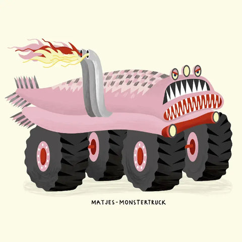 Ein Cartoon-Monstertruck mit Fischkörper, sechs großen Rädern, flammendem Aalauspuff, scharfen Zähnen und wulstigen Augen - ein ideales Highlight für "Hamburg auf Rädern" von Karin Lindeskov Andersen, Junius Verlag; genannt der Matjes-Monstertruck.