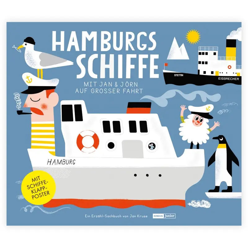 Das verspielte blaue Cover von "Hamburgs Schiffe - Mit Jan und Jörn auf großer Fahrt" von Jan Kruse (Junius Verlag) zeigt zwei Cartoon-Matrosen, ein Schiff, eine Möwe, einen Eisbrecher und die Schiffstypen im Hamburger Hafen - ein Abenteuer-Erzähl-Sachbuch!.