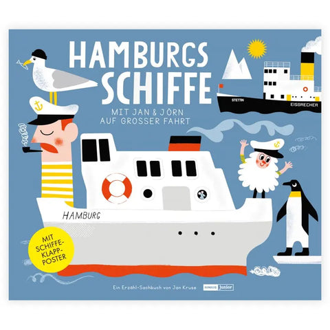 Das verspielte blaue Cover von "Hamburgs Schiffe - Mit Jan und Jörn auf großer Fahrt" von Jan Kruse (Junius Verlag) zeigt zwei Cartoon-Matrosen, ein Schiff, eine Möwe, einen Eisbrecher und die Schiffstypen im Hamburger Hafen - ein Abenteuer-Erzähl-Sachbuch!.