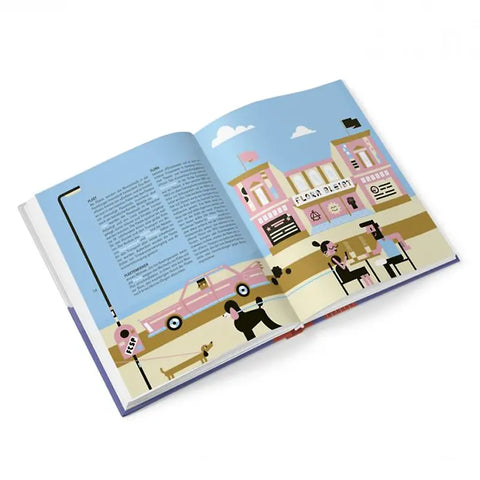 Ein aufgeschlagenes Exemplar von "Nokixel" Das Hamburg-Lexikon für Kinder von Jörn Tietgen (Junius Verlag) zeigt eine illustrierte Seite mit Menschen, die vor einem rosafarbenen Restaurant speisen, einem rosafarbenen Auto, einem Hund und Laternenpfählen unter einem blauen Himmel; links steht ein Text aus dem Hamburger Wörterbuch.