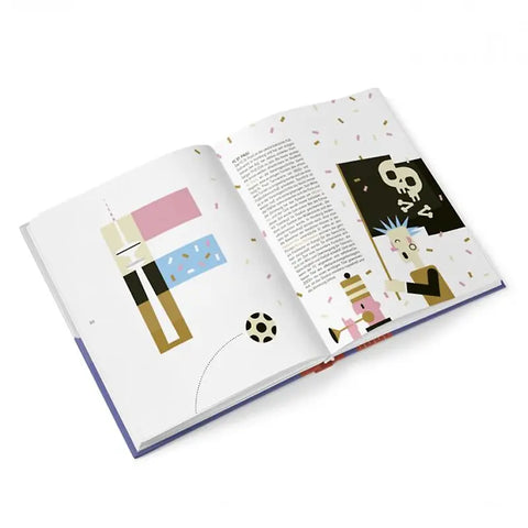 Ein aufgeschlagenes "Nokixel"-Buch aus dem Junius Verlag zeigt auf der linken Seite abstrakte geometrische Formen und eine vom Hamburger Wörterbuch inspirierte Punk-Figur mit blauem Irokesenschnitt und Totenkopf-Kreidezeichnung, umgeben von Konfettipunkten.