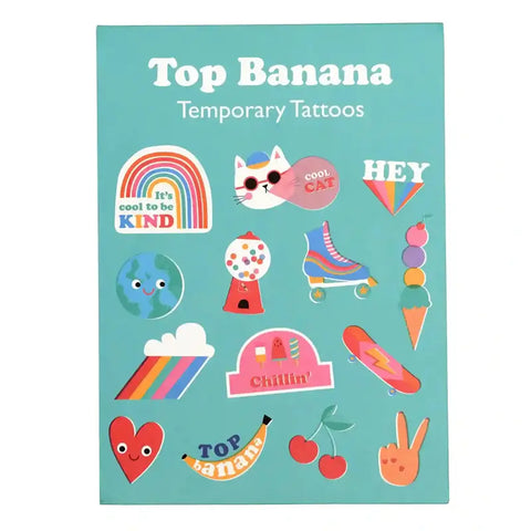 Bunte Abwaschbare Tattoos - Top Banana (2 Bögen) von Rex London mit witzigen Motiven wie Regenbogen, Katze mit Sonnenbrille, Rollschuh & mehr - perfekt für Partytüten!.